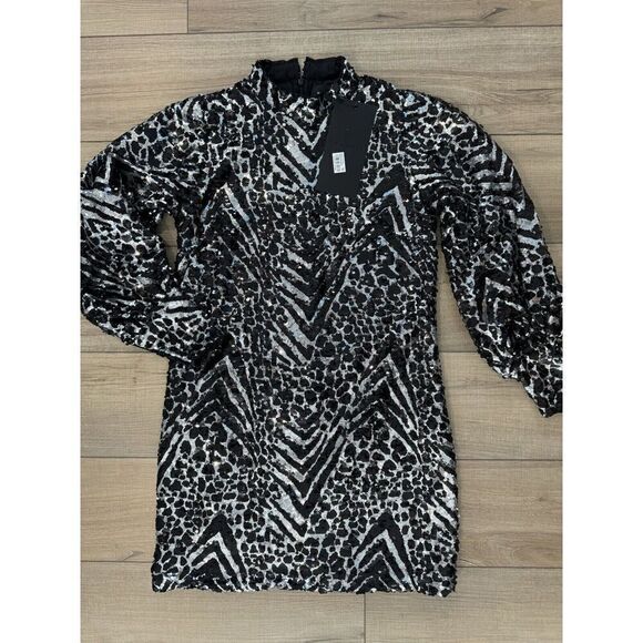 The Kooples Paris Women's Midi Dress 3 Black Silver Sequin Zebra Party l large - Picture 2 of 4